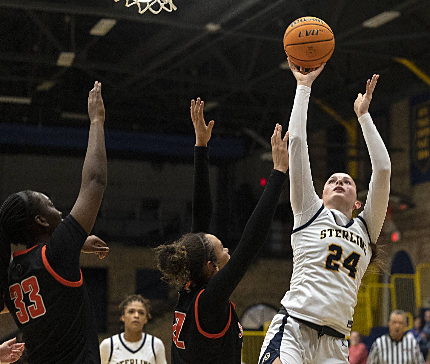 Sterling’s Anessa Johnson works against United Township’s Annika Tristan Thursday, Feb. 6, 2025, at Sterling High School.