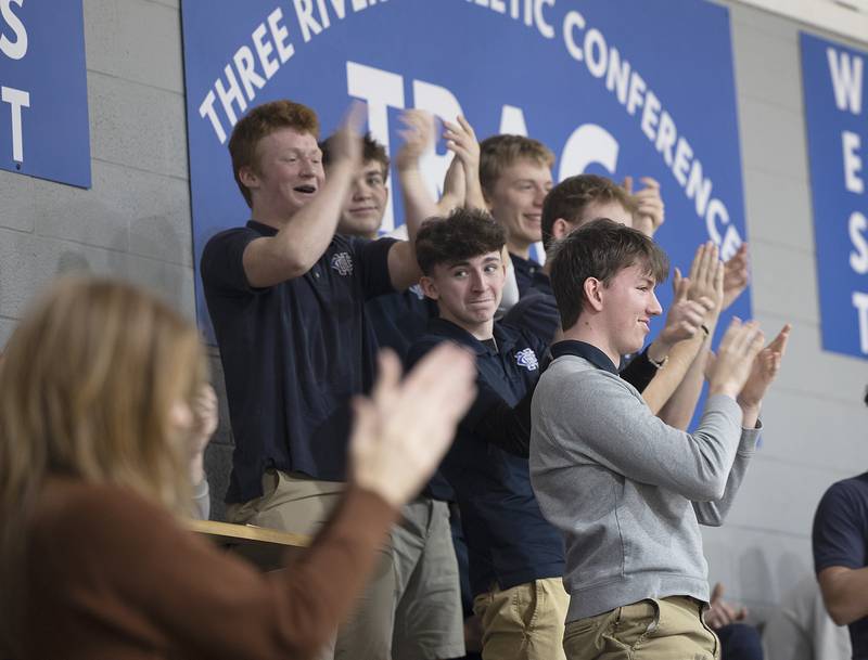 Classmates applaud Zac DeForest’s musical skills Thursday, Jan. 30, 2025, after his performance at Newman High School’s talent show. NHS held the show in celebration of Catholic Schools Week.