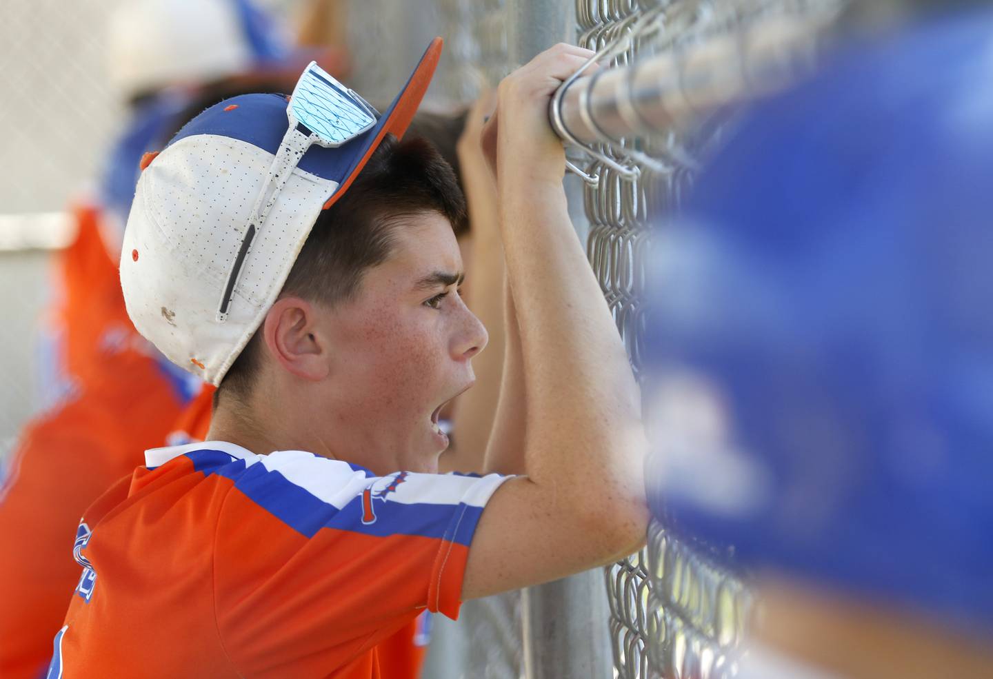 Windy City Hit Dog’s —Offdenkamp’s Grayson Garringer cheers for his teammates during a semi-final baseball game against the Barrington Broncos Red in a Under 13 McHenry County Youth Sports Association’s Summer International Championship baseball tournament on Monday, July 14, 2025, at the Mickey Sund Baseball Complex in Crystal Lake's Lippold Park.