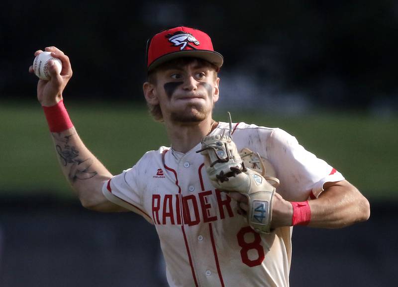 Huntley's Aiden Eickelman throws the ball to first during a Fox Valley Conference baseball game against McHenry on Tuesday, May 8, 2026, at Huntley High School.