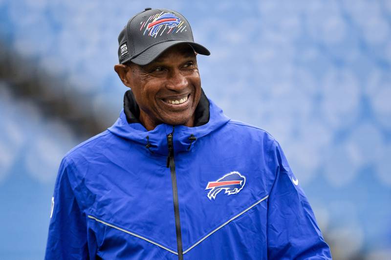 Buffalo Bills defensive coordinator Leslie Frazier walks on the field before a game against the Houston Texans, on Oct. 3, 2021, in Orchard Park, N.Y.
