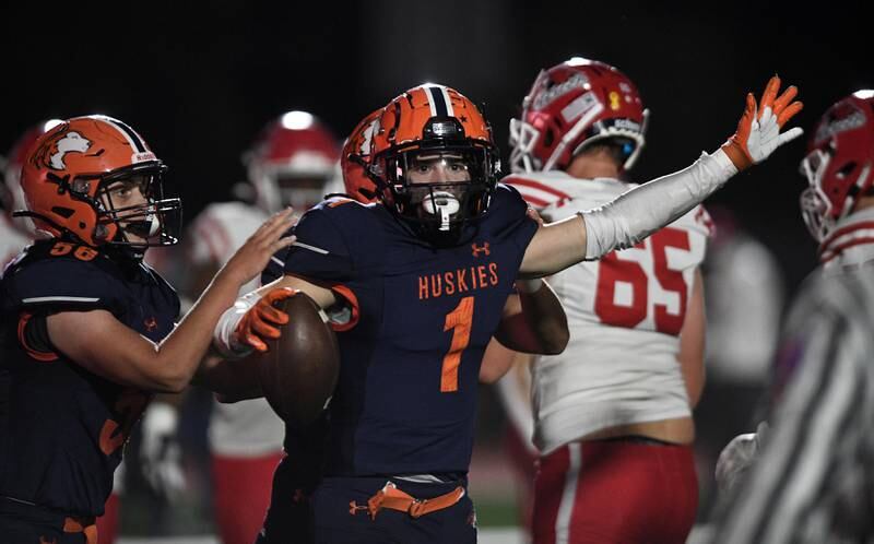 Naperville North’s Cole Clemens reacts after recovering a Naperville Central fumble at the goal line on Friday, September 30, 2022.