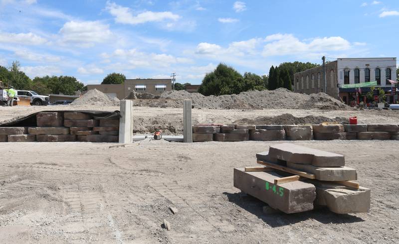 A view of the new partially built wall at the "Market on Mill" retail plaza on Tuesday, Aug. 13, 2024 downtown Utica.