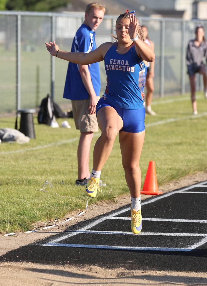 Genoa-Kingston’s Mae Walczak competes in the triple jump Friday, May 15, 2026, during the Class 2A girls track sectional at Genoa-Kingston High School.