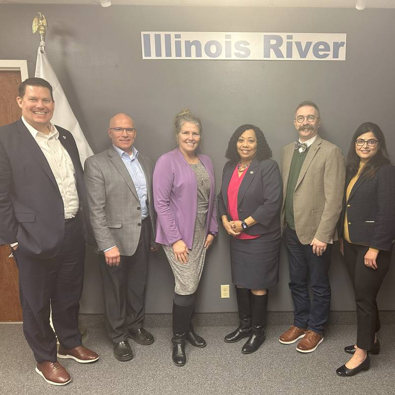Mayors and officials from Illinois River cities meet in Peoria to launch the Illinois River Cities and Towns Initiative. Pictured (from left to right): Mayor John Kahl (East Peoria), Mayor Rita Ali (Peoria), Mayor Robert Hasty (Ottawa), Mayor Missey Schumacher (Channahon), and Chris Brown (Morris).