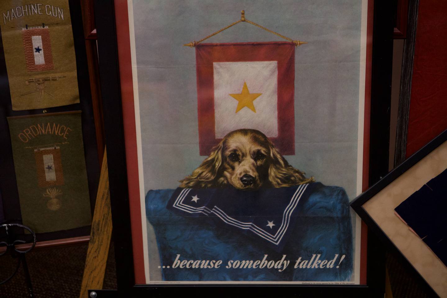 This public service poster warns American service men and women to not talk about war tactics, using the gold star to signify those who have died in combat. It is part of the Hutson's massive collection, part of which is on display at the Woodstock Public Library through June 3.