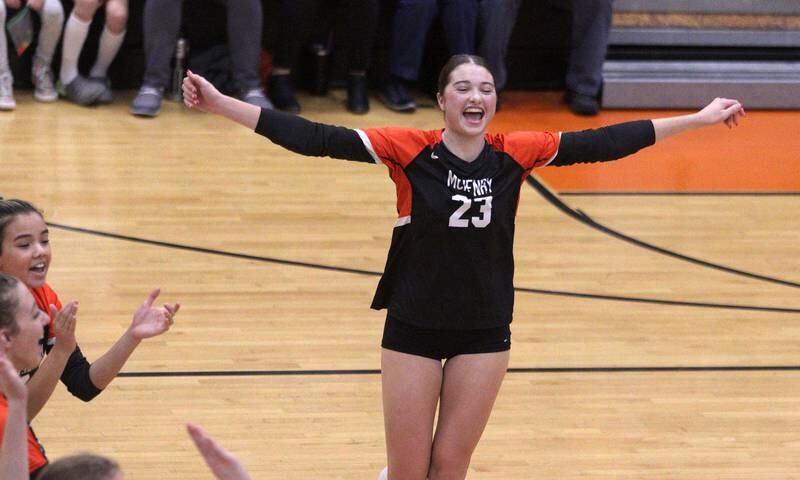 McHenry’s Mollie Hobson celebrates a point against Prairie Ridge in varsity girls volleyball at McHenry Thursday.