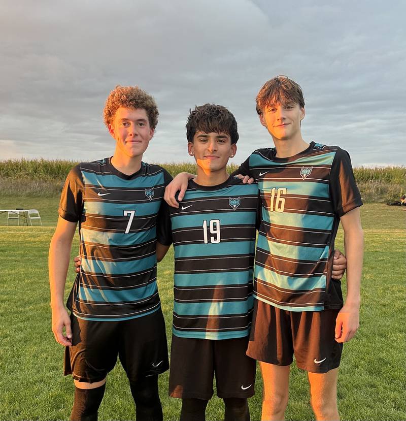Woodstock North's Cole Morrison, Angel Ochoa and Luke Bigler (left to right) all scored goals during the Thunder's 3-1 victory over Woodstock on Wednesday.