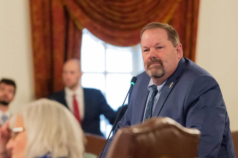 State Sen. Patrick Joyce, D-Essex, speaks in favor of a bill Thursday to lift a statewide moratorium on new nuclear power construction. (Capitol News Illinois photo by Jerry Nowicki)