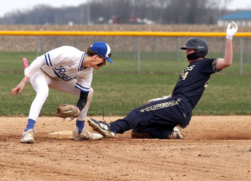 Hinckley-Big Rock’s Skyler Janeski applies the late tag on Polo’s Aiden Messer during their game Thursday, April 3, 2025, at Hinckley-Big Rock High School.