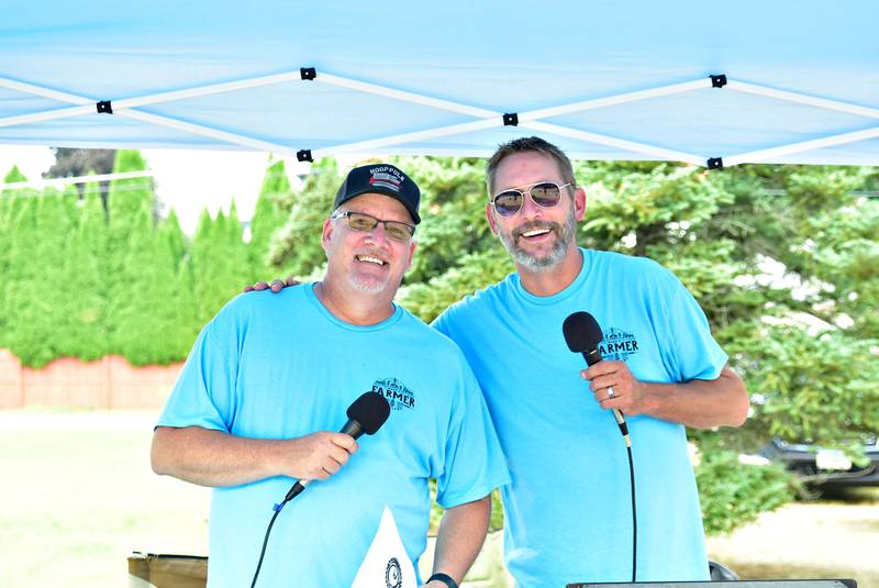 Tony Wade and Denny Martin kept the spectators entertained with their DJ skills Saturday, August 9, 2025, during the inaugural Make a Farmer festival on the streets of Prophetstown.