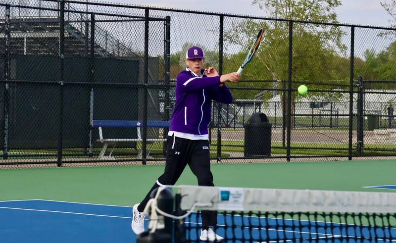 Rochelle's Declan McKinney hits a shot during the Hubs' meet with St. Bede.
