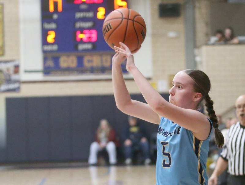 Marquette's Chloe Larson shoots a wide-open shot against St. Bede during the Class 1A Regional semifinal game on Monday, Feb,. 12, 2024 in Bader Gym.