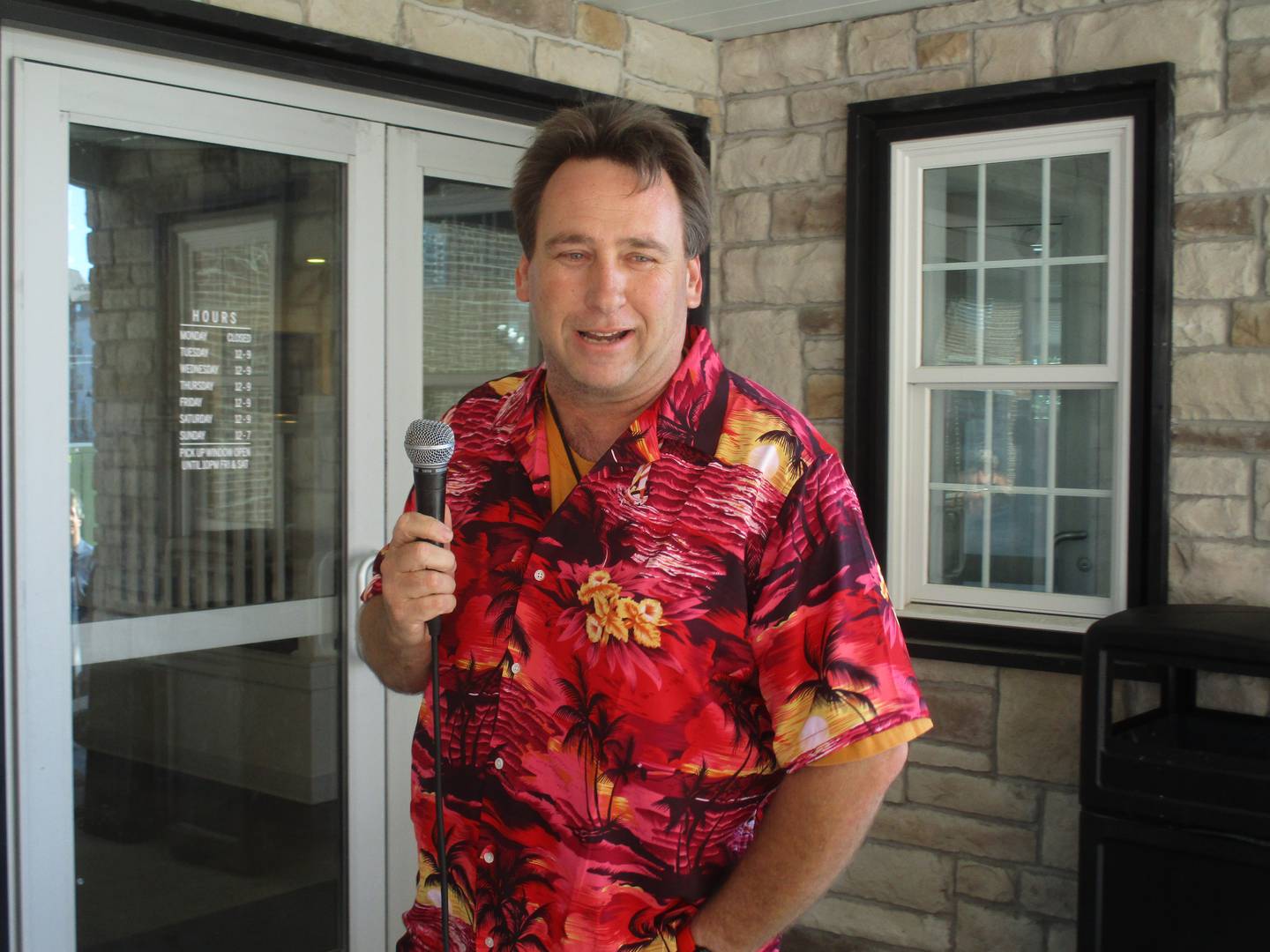 Kendall County Board member Dan Koukol of Oswego delivers a campaign stump speech on June 16, 2022 in downtown Oswego. Koukol is seeking reelection to his District 2 seat. (Mark Foster -- mfoster@shawmedia.com)
