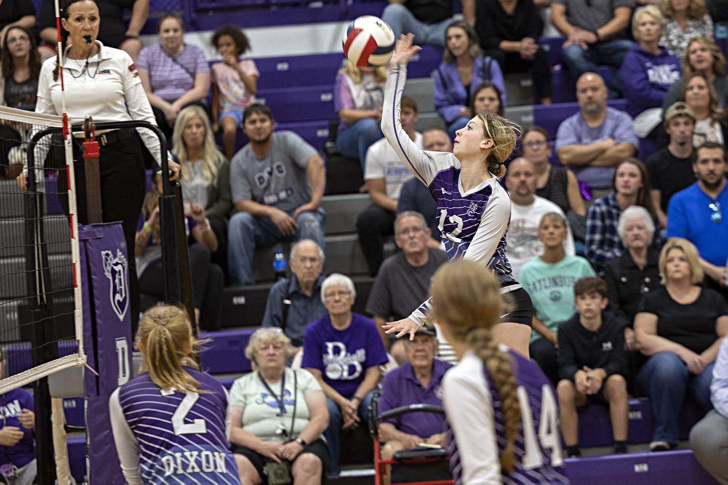 Dixon’s Izzy Queckboerner hammers a shot against Oregon Tuesday, Sept. 26, 2023 at Dixon High School.