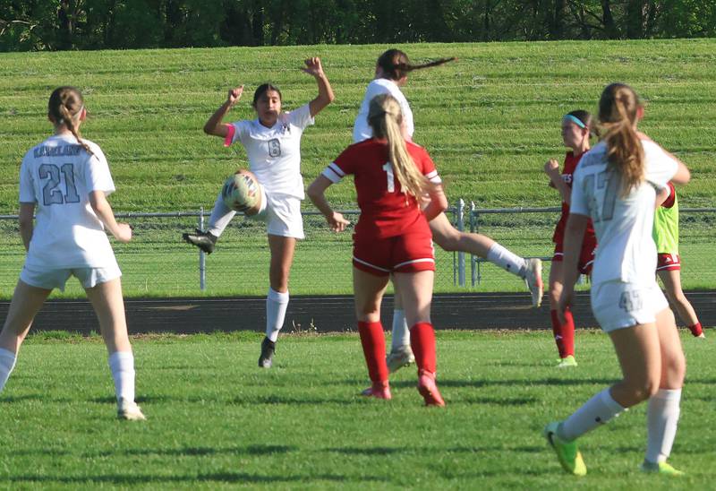 Kaneland's Taylor mills gets the ball closer to the box on Wednesday, April 22, 2026 on King Field at Ottawa High School.