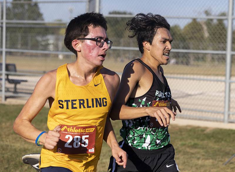 Rock Falls’ Ian Finney edges Sterling’s Isaiah Rojop form second place Tuesday, Sept. 16, 2025, at the Twin Cities Triangular in Rock Falls.