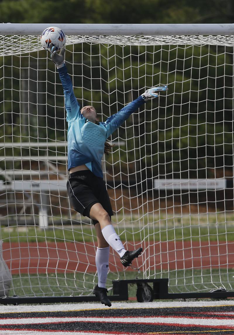 Timothy Christian's Emily White hits the ball over the goal in the IHSA Class 1A State Girls Soccer third-place match against Williamsville on Friday, June 6, 2025, at North Central College in Naperville.