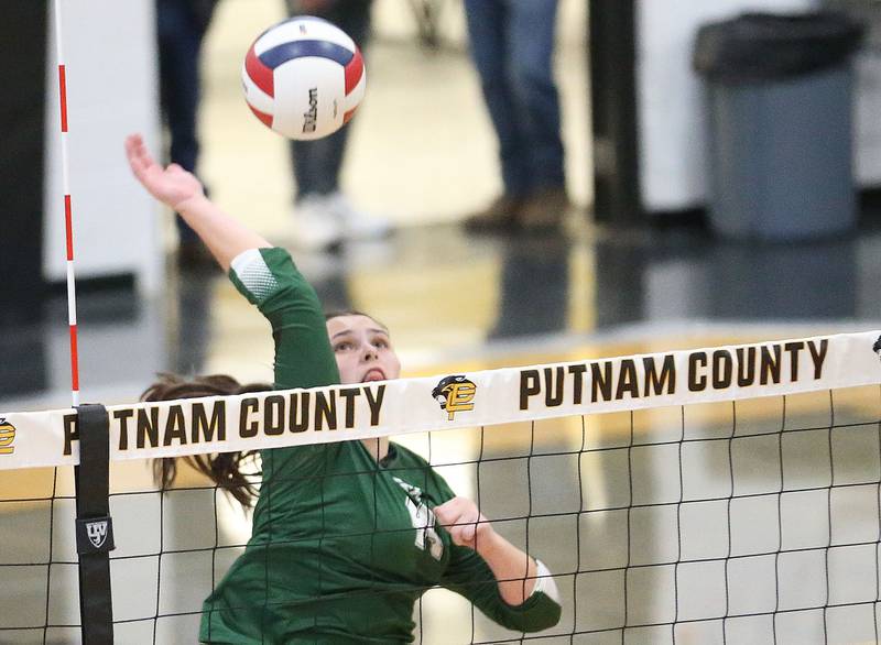 St. Bede's Hanna Waszowiak smacks a spike against Orion during the Class 1A Regional semifinals on Wednesday, Oct. 29, 2025 at Putnam County High School.