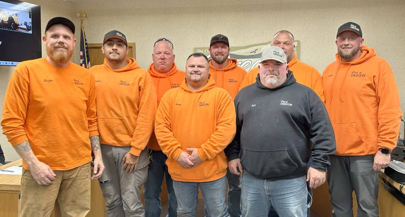 Oregon Public Works employees were recognized for their efforts during the Nov. 25, 2025 city council meeting. Pictured are Skyler Bethel, Aaron Montoya, Jeff Pennington, Josh Pickering, Scott Wallace,  Jordan Plock, Andrew Bonilla, and Director Bill Covell. Aidan Ellsworth was absent when the photo was taken.