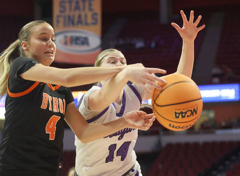Breese Centra's Lexy Santel knocks the ball free from Byron's Macy Groharing during the Class 2A title game on Saturday, March 7, 2026 at CEFCU Arena in Normal.