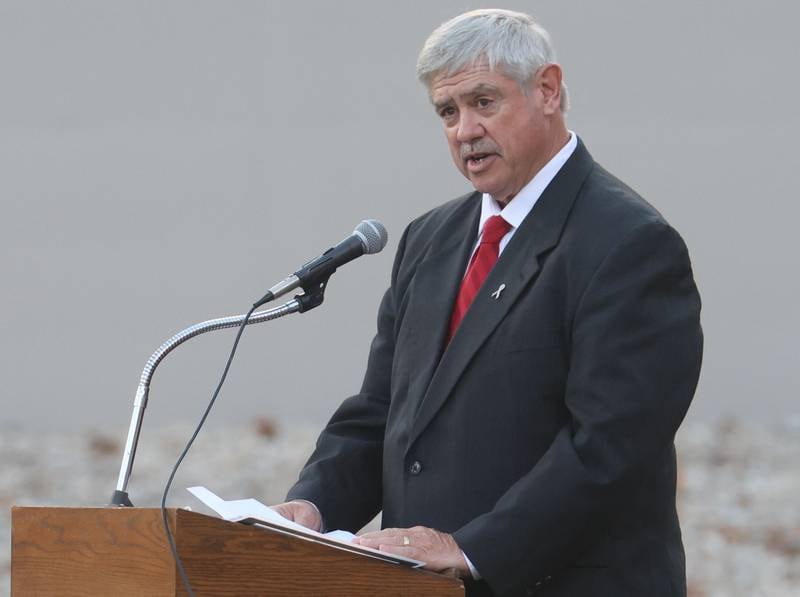 La Salle-Peru Township High School Board President Greg Sarver gives a speech during the L-P Class of 2026 commencement ceremony on Thursday, May 14, 2026 at Howard Fellows Stadium.