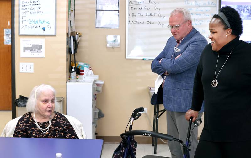 Opportunity House Executive Director Tom Matya and Development Director Wanda Tatum (right) talk with long-time client Connie Brickwell, 73, Thursday, Nov. 2, 2023, at the facility in Sycamore. Opportunity House will be celebrating its 60th anniversary Thursday, Nov. 9 at Faranda's Banquets in DeKalb.