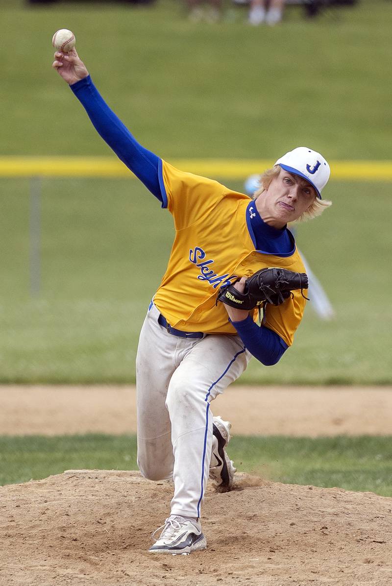 Johnsburg’s Peyton Mesce fires a pitch against Byron Wednesday, May 28, 2025, in the Class 2A Sectional semifinal in Mendota.
