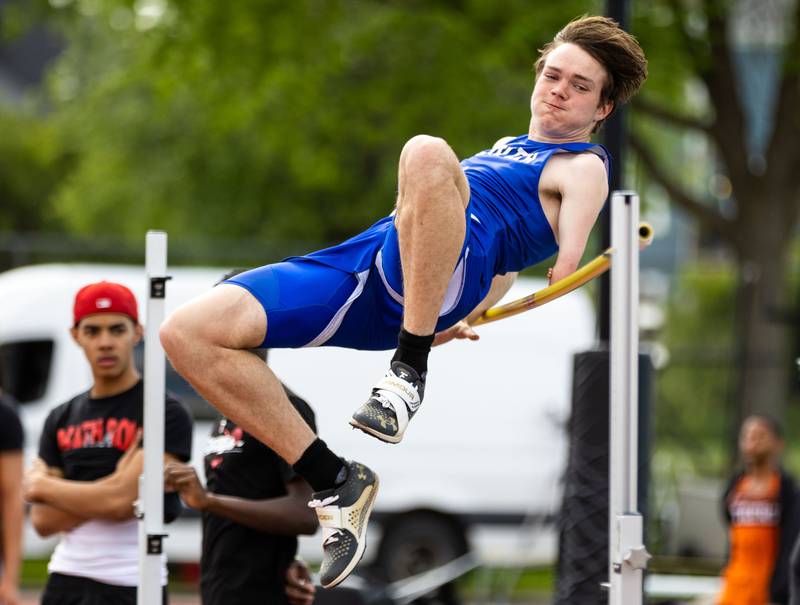 Geneva’s Max Allabaugh participates in the varsity high jump event during the Dukane Conference Boys Track and Field Meet hosted by Lake Park High School in Roselle on Friday, May 16, 2025.