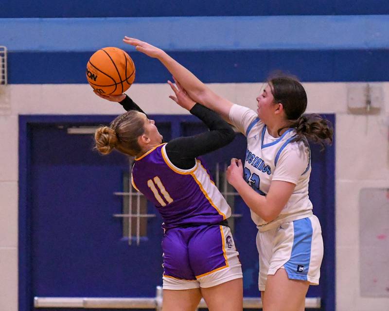 Downers Grove South's Katelyn Konieczka (22) blocks the shot of Downers Grove North's Abigail Gross (11) during the game on Saturday Dec. 21, 2024, held at Downers Grove South High School.