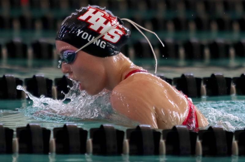 Huntley’s Greta Young competes in the 200-yard IM during the Fox Valley Conference Championship Meet at Woodstock North High School on Saturday, Nov. 2, 2024 in Woodstock .