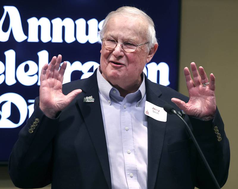 Jerry Smith speaks before accepting the Hall of Fame Pioneer award on behalf of Chuck Siebrasse and family Thursday, Feb. 5, 2026, during the DeKalb Chamber of Commerce Annual Celebration Dinner at Faranda's Banquet & Conference Center.