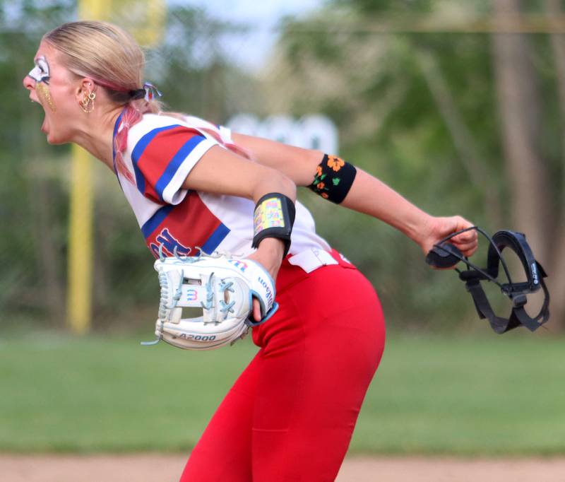 Morrison’s Bella Duncan reacts after the final out in a 6-1 win over Marengo in IHSA Class 2A Sectional Semifinal softball action at Marian Central High School in Woodstock on Thursday, May 29, 2025.
