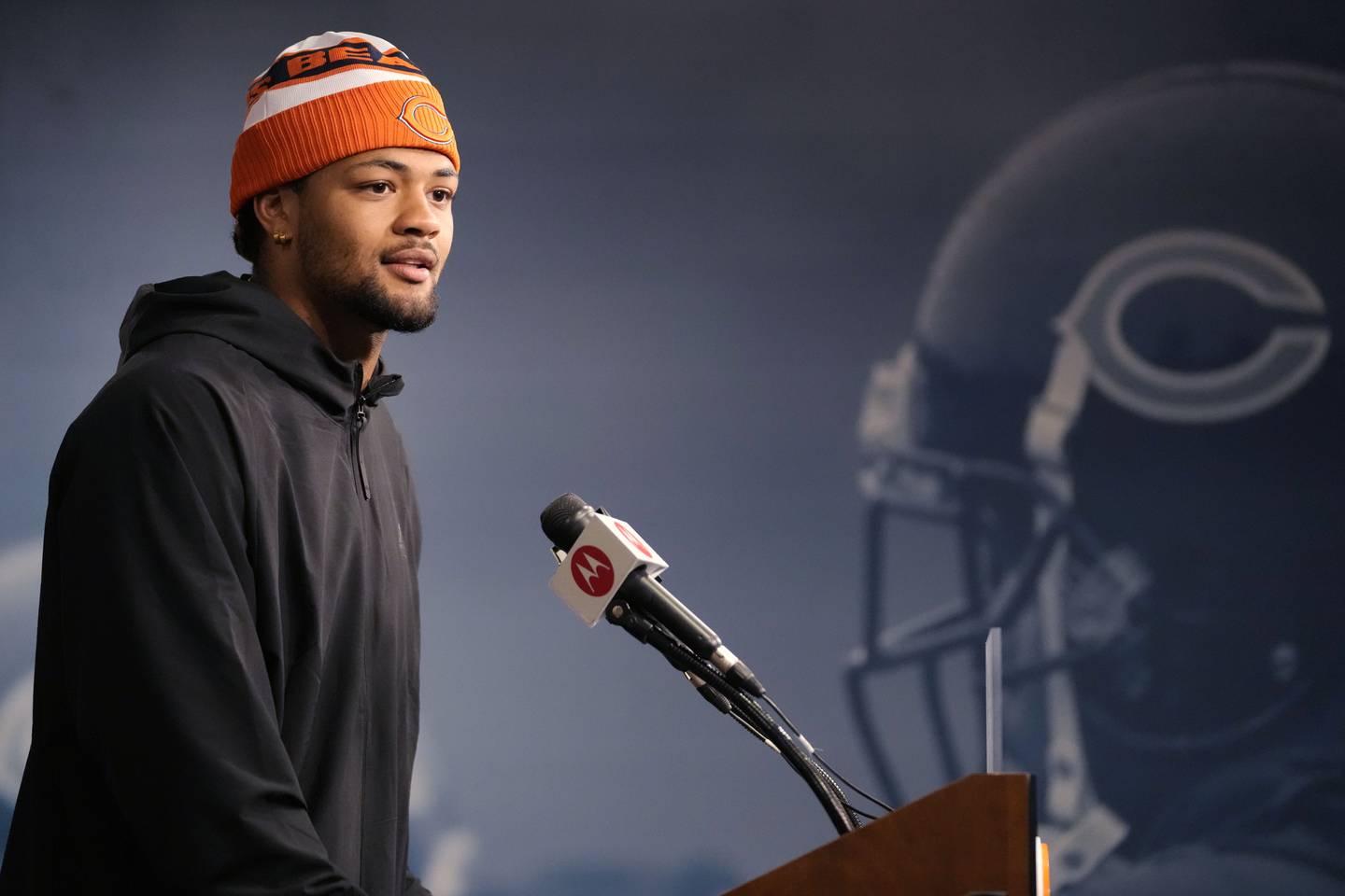 Chicago Bears wide receiver Rome Odunze listens to reporters during a news conference after NFL football practice in Lake Forest, Ill., Wednesday, June 12, 2024. (AP Photo/Nam Y. Huh)