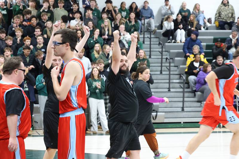 River Valley Special Rec player Neelix Sparrow, center, celebrates scoring a basket in their game against Lincolnway Special Recreation Association at Bishop McNamara on Friday, Jan. 30, 2026.