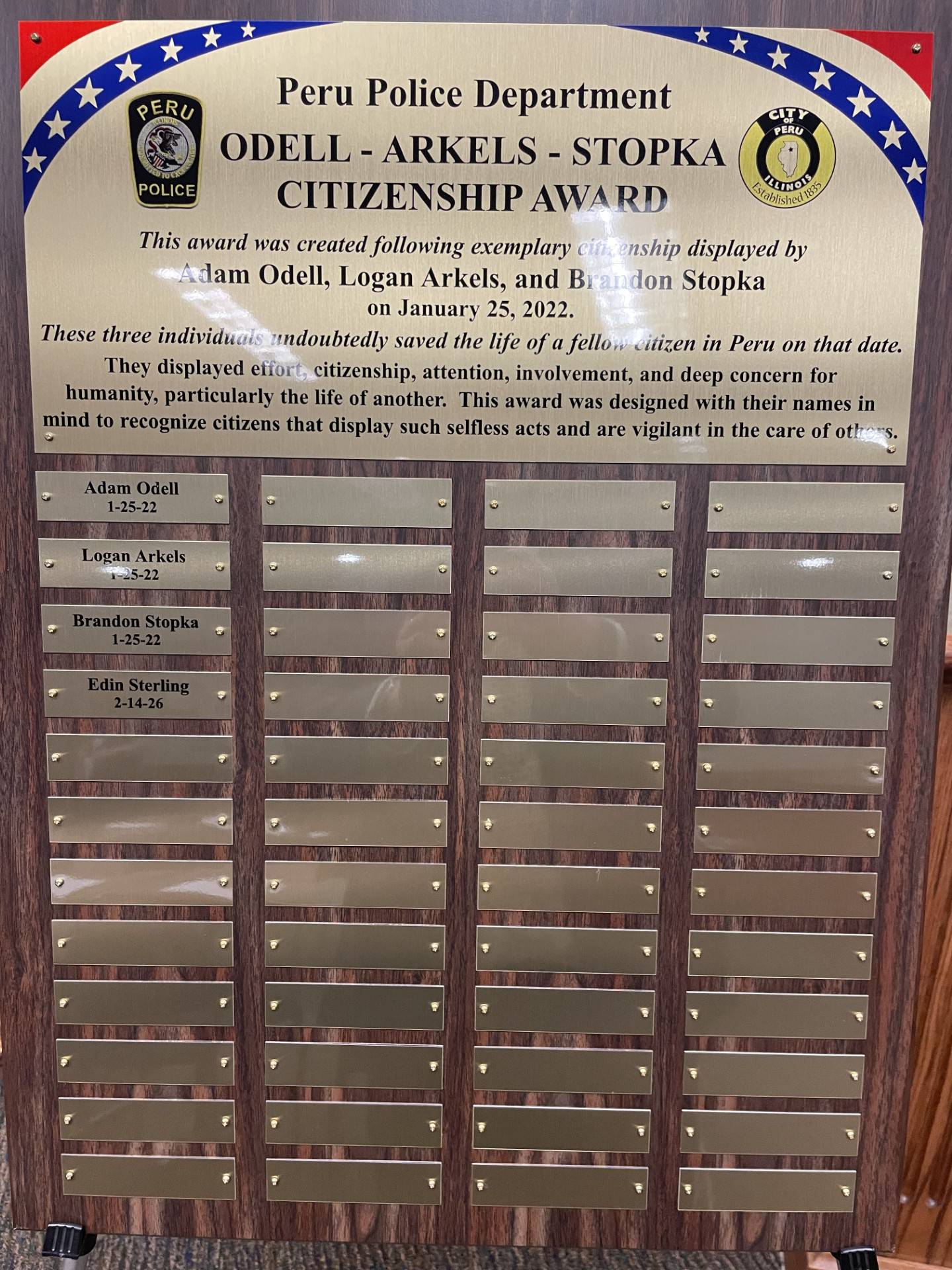 Edin Sterling's name has been added to plaque naming recipients of the Odell-Arkels-Stopka Citizenship Award. The Arlington resident and ER nurse rendered life-saving medical aid to an unresponsive male on Feb. 14.