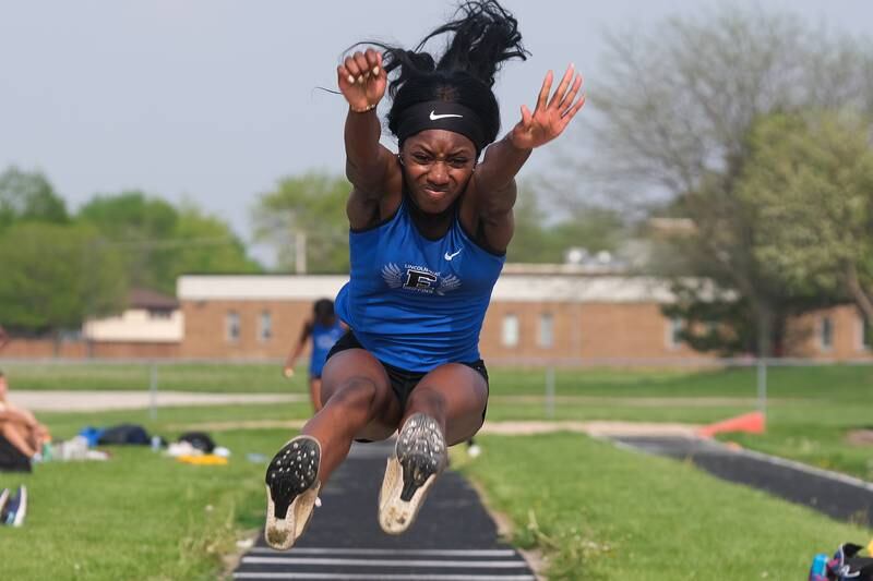 Lincoln-Way East’s Mariam Azeez competes in the long jump at the Class 3A Minooka Girls Sectionals. Wednesday, May 11, 2022, in Minooka.