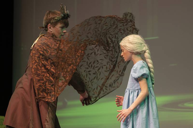 Brooks Knudson, playing the part of Pabbie, rehearses a scene with young Elsa Wednesday, April 15, 2026, for Newman High School’s rendition of “Frozen.”