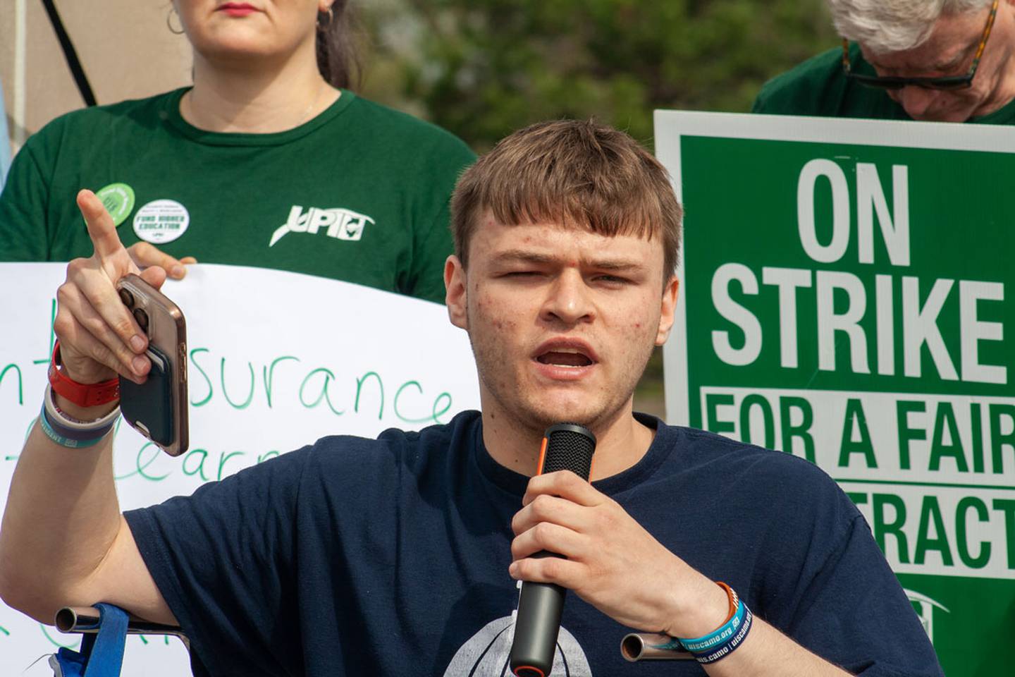 University of Illinois Springfield communications student Braden Nuttall speaks at a news conference during the UIS faculty strike. This is the first time UIS faculty have gone on strike since 2017.