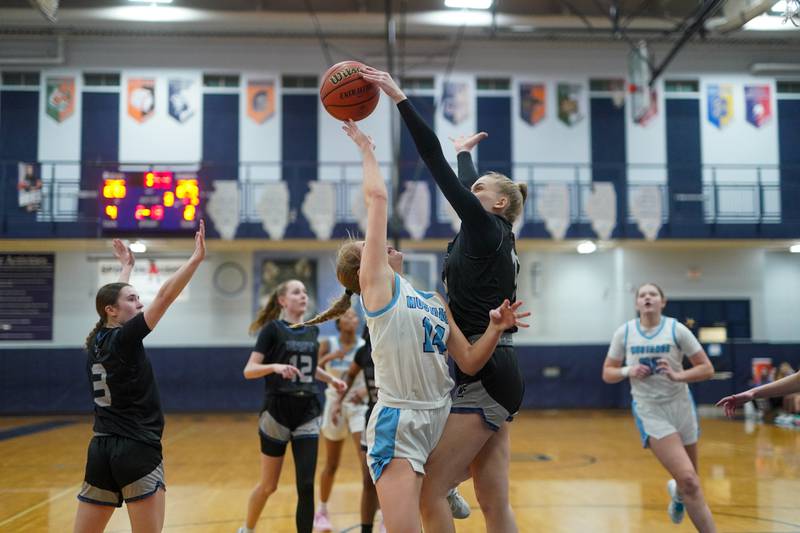 Oswego East's Cassie Van Meter (13) blocks a shot by Downers Grove South's Allison Jarvis (14) during a 4A Oswego East Regional semifinal girls basketball game at Oswego East High School on Monday, Feb 12, 2024.