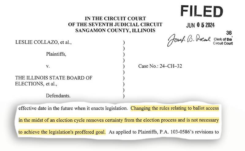 A Sangamon County judge blocked a state law banning general election “slating” of candidates by a party if no candidate ran for the party’s nomination in the primary election. A highlight in the illustration was added for emphasis.
