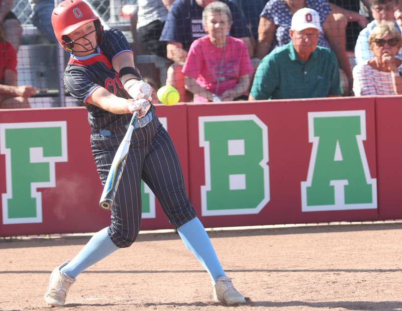 Ottawa's Aubrey Sullivan strikes out swinging against Dunlap during the Class 3A semifinal game on Tuesday, May 26, 2026 at the L-P Athletic Complex in La Salle.