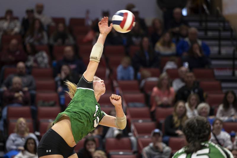 Rock Falls’ Claire Bickett hammers a shot against Breese Mater Dei in the 2A state semifinal Friday, Nov. 10, 2023 at CEFCU Arena in Normal.