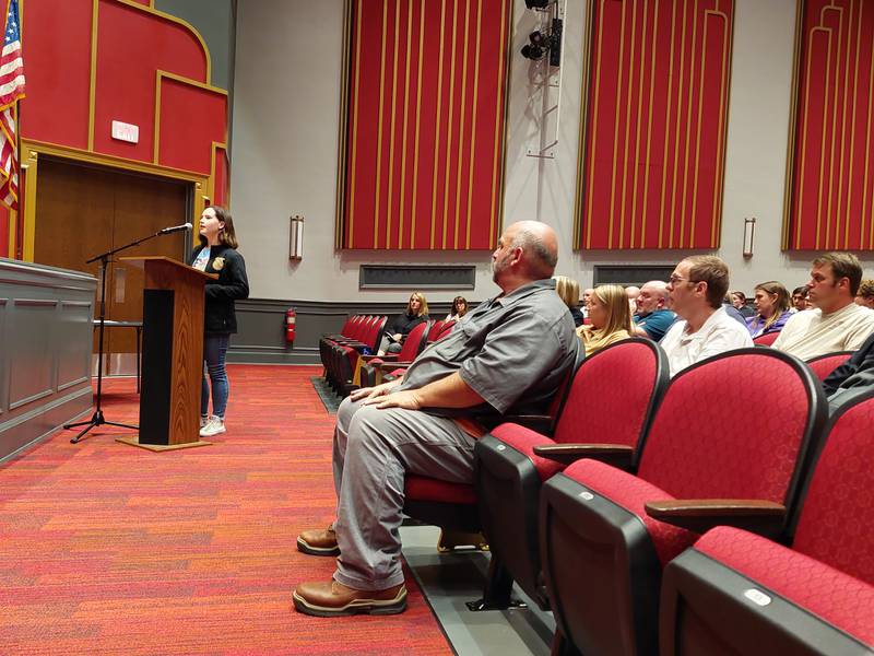 Streator High School student Sydney Long speaks Tuesday, Sept. 19, 2023, in favor of keeping the school's block scheduling. Despite student appeals, the board voted 5-2 to get rid of it.