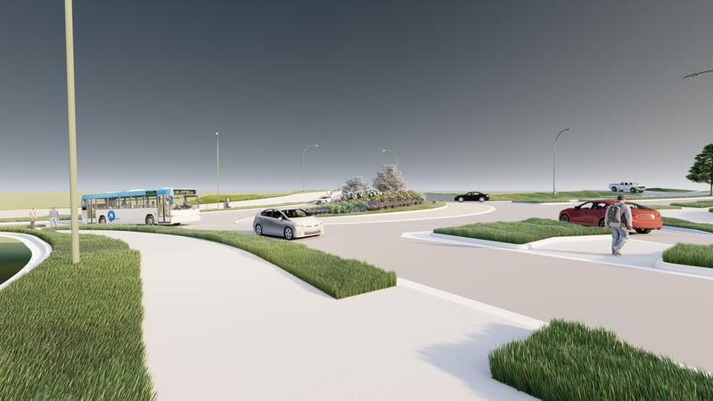 Illustrations of the planned Harrison Street bicycle path and connection, North Main Street roundabout and redesigned road in Algonquin.