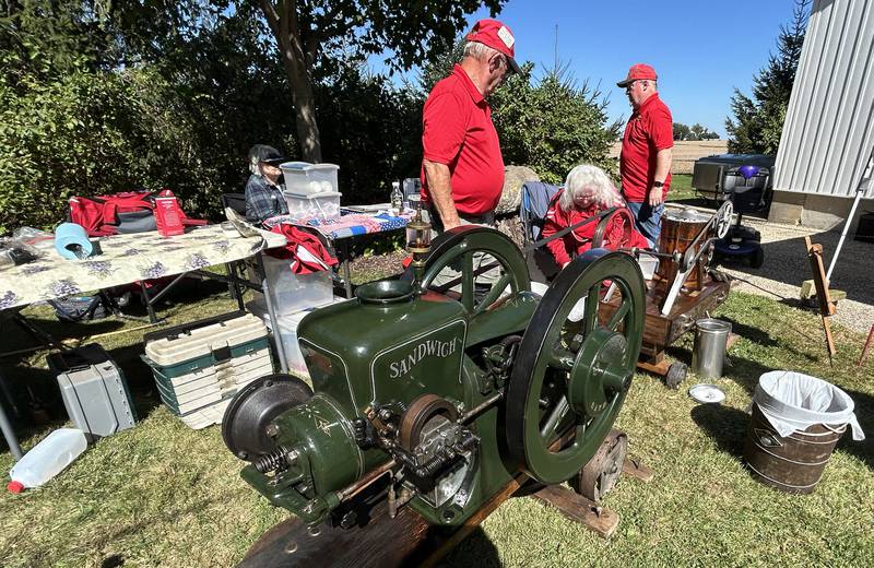 Larry and Ralph Flickinger of Sugar Grove were making fresh ice cream with their antique equipment at Hough's Maple Lane Farm during the Back Roads Market event on Saturday, Sept. 28, 2024 north of Mt. Morris. The Flickingers also displayed antique ice cream scoops at the event.