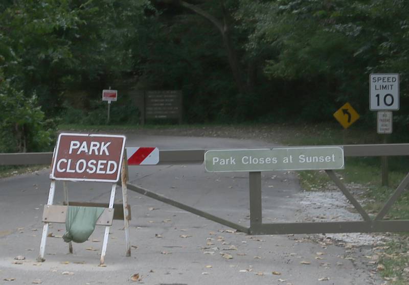 A park closed sign is placed outside the entrance to Buffalo Rock State Park in Tuesday, Sept. 5, 2023.