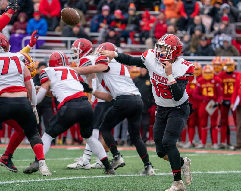 Yorkville's Michael Dopart (16) throws a pass against Batavia during a 7A quarterfinal playoff football game at Batavia High School on Saturday, Nov 12, 2022.