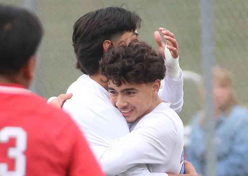 Kankakee's Dylan Tapia Ayala hugs teammate Alexis Cruz after scoring a goal against L-P during the Class 2A Regional title game on Saturday, Oct. 25, 2025 at Ottawa High School.