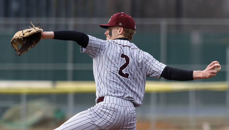 Richmond-Burton’s Carsten Szumanski shows a pitch during a nonconference baseball game against Crystal Lake South Friday, March 24, 2023, at Crystal Lake South High School.